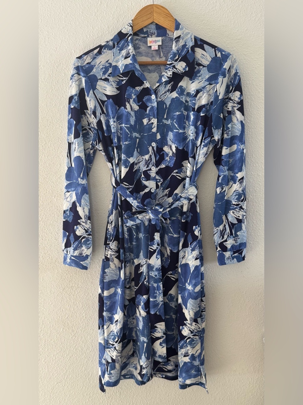 Small knee length blue floral dress, long sleeve button down shirt dress, Ellie